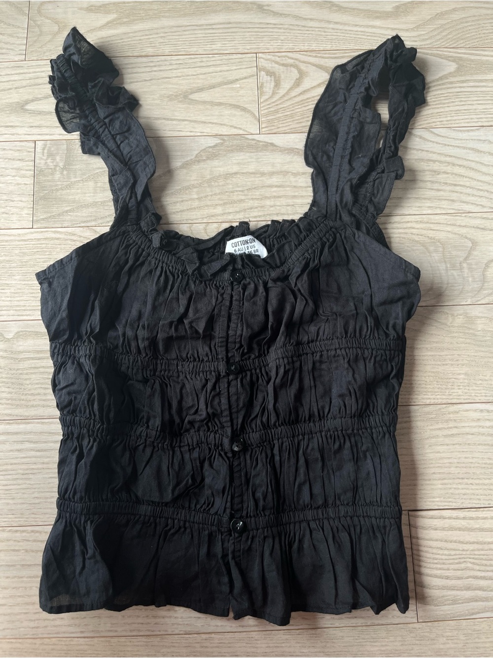 Cotton On Black Ruffle-Strap Smocked Button Tank